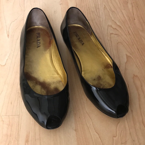 Black Leather Prada Open Toe Flats. - Picture 1 of 5
